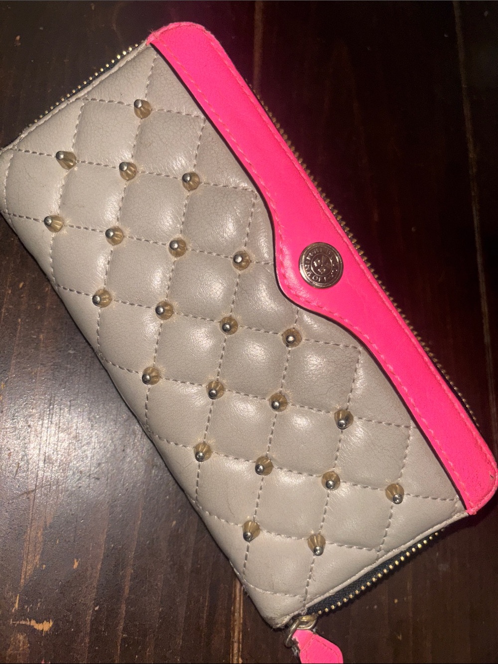 Rebecca Minkoff Quilted Studded Gray Wallet with Hot‎ Pink Trim